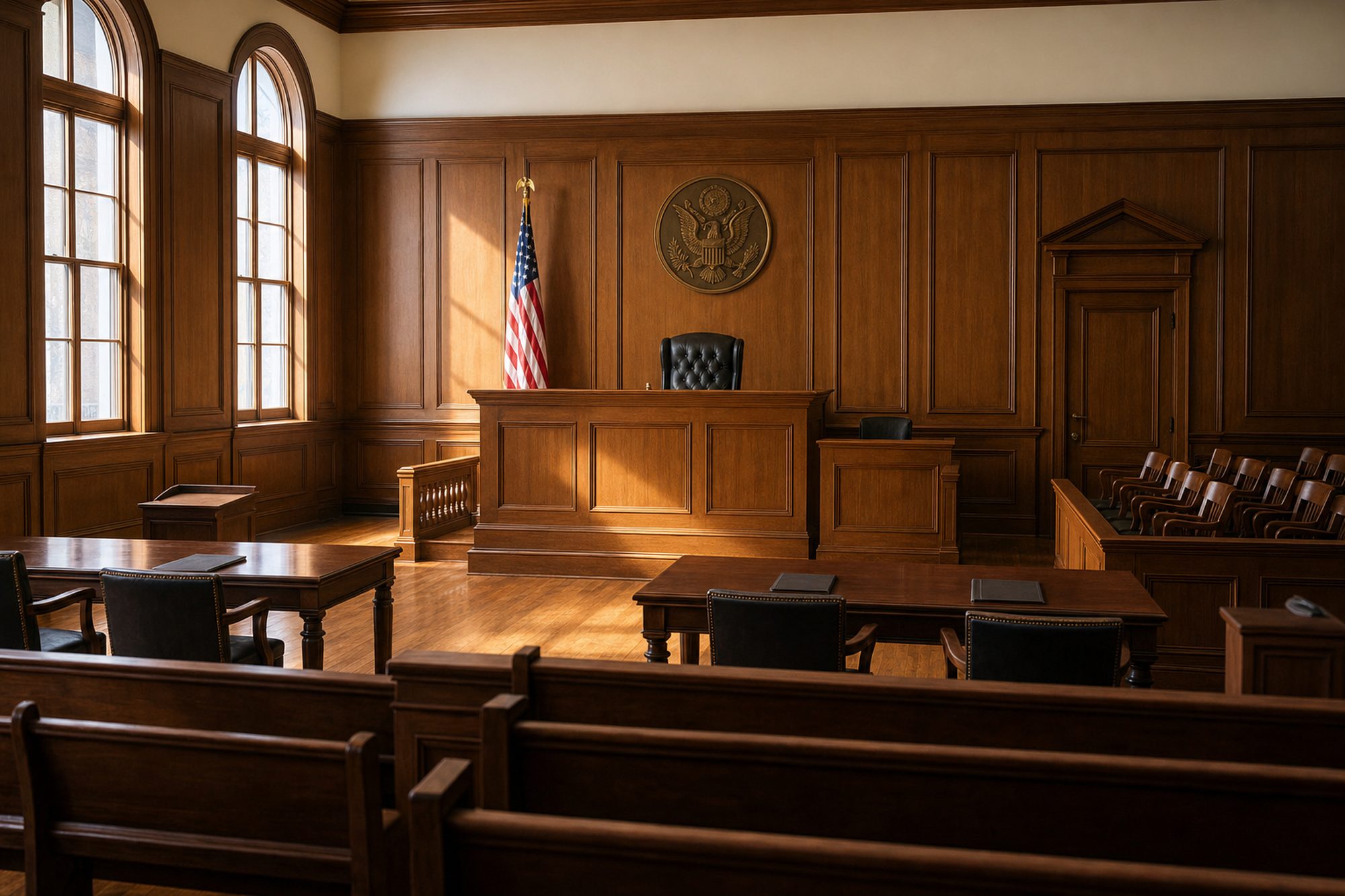 An empty federal courtroom, ready for trial
